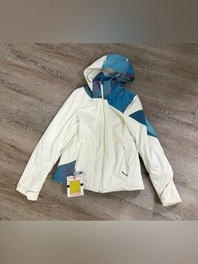 Spyder Womens Volt Jacket White Blue Ski Coat Primaloft Xt.L 20K MSRP $500 Sz 6